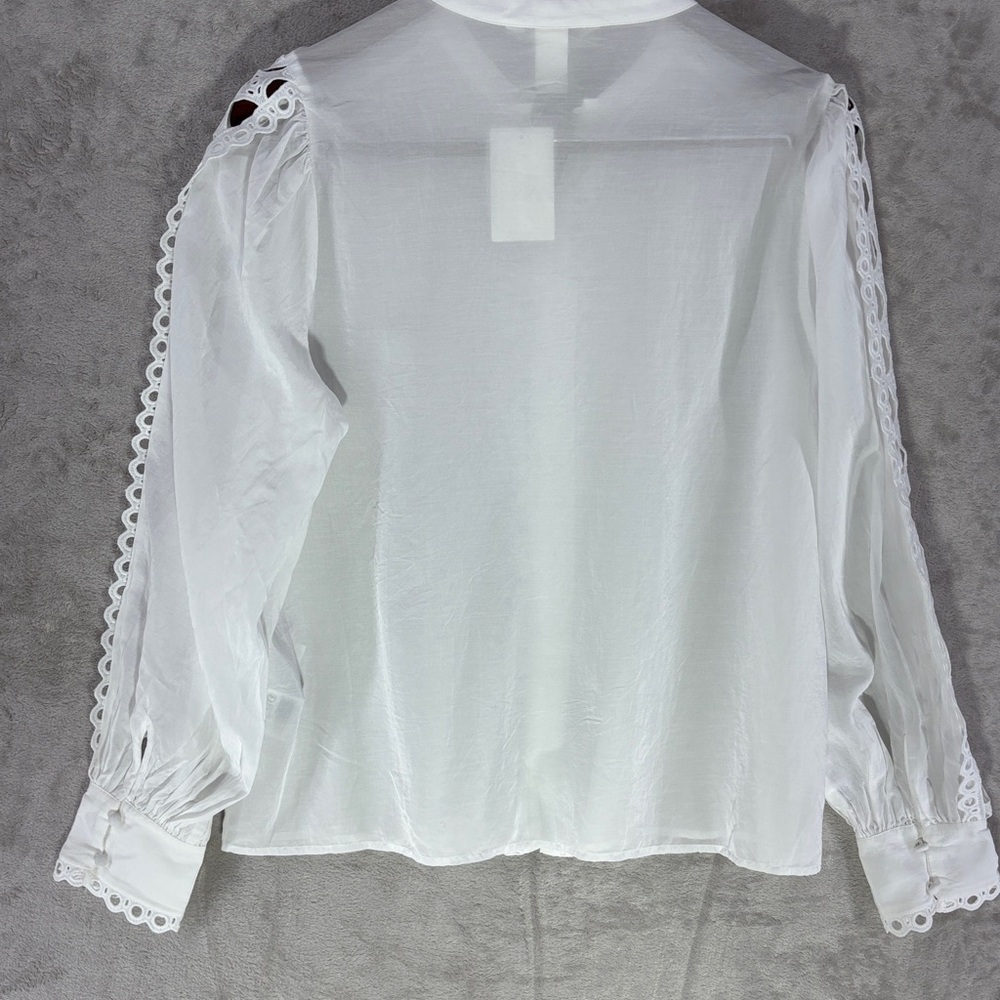 NWT--H&M White Sheer Eyelet Lace Trim Button Up Long Sleeve Size M - Picture 9 of 10